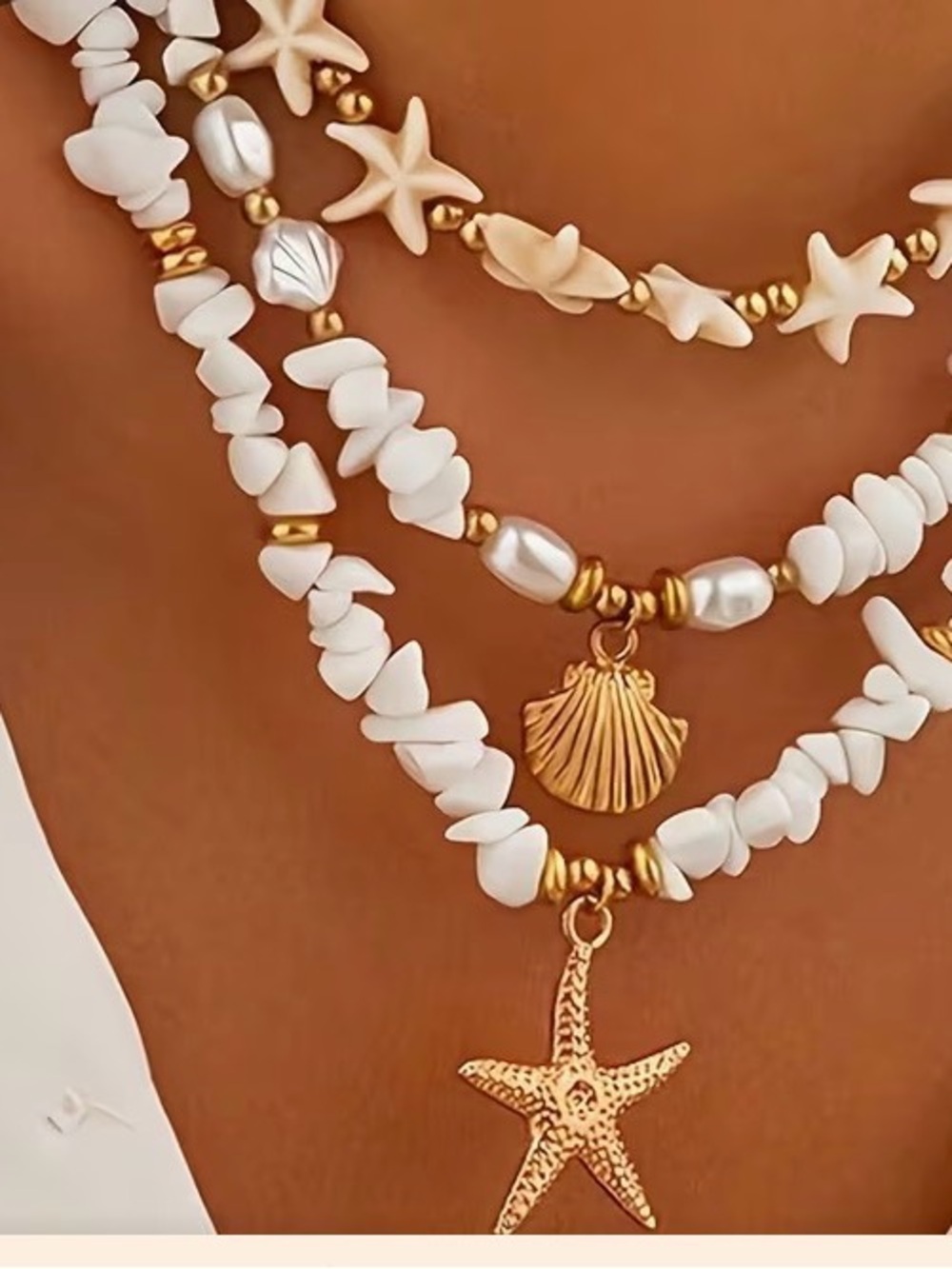 Gold & White Shell Pendant Layered Necklace and bracelet - Women Jewelry